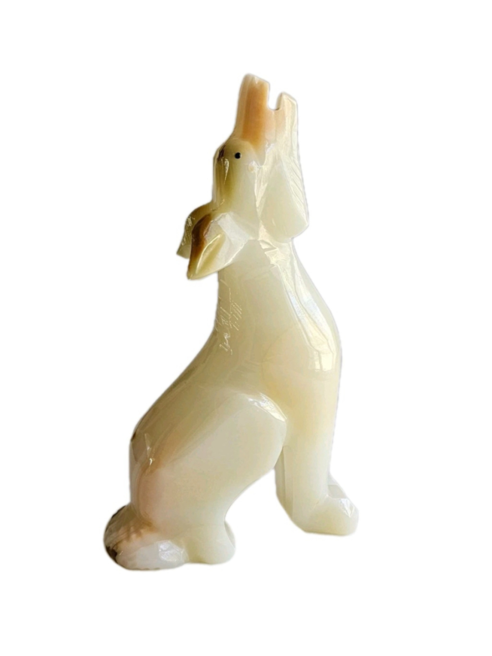 Polished Onyx Howling Dog Figurine - Mid-Century Modern Stone Sculpture - 8"
